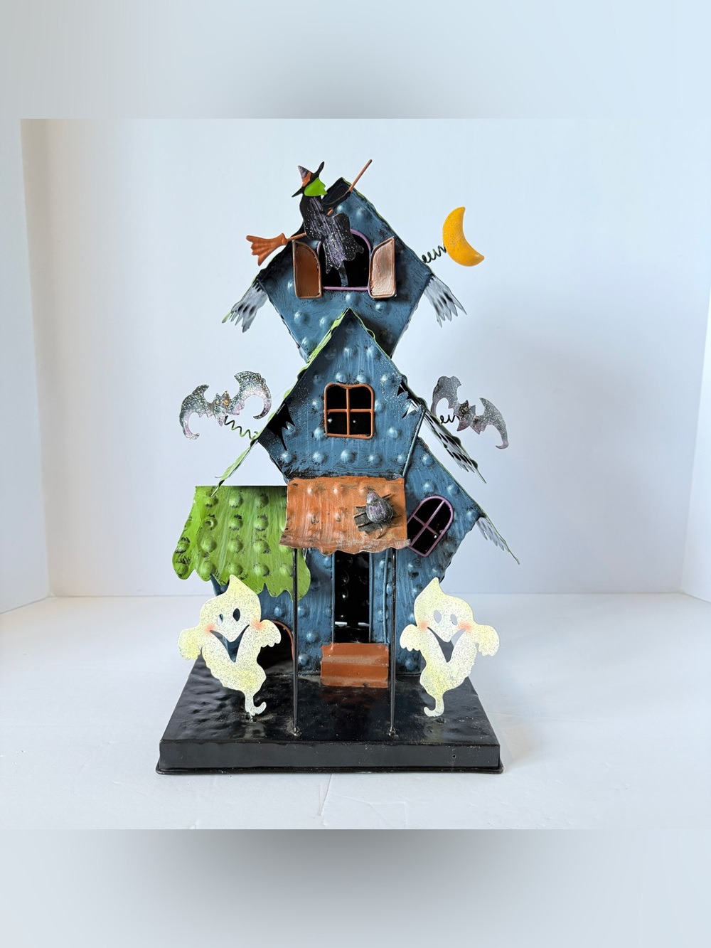Three-Story Haunted House Halloween Luminary – Hammered Metal Folk Art Decor